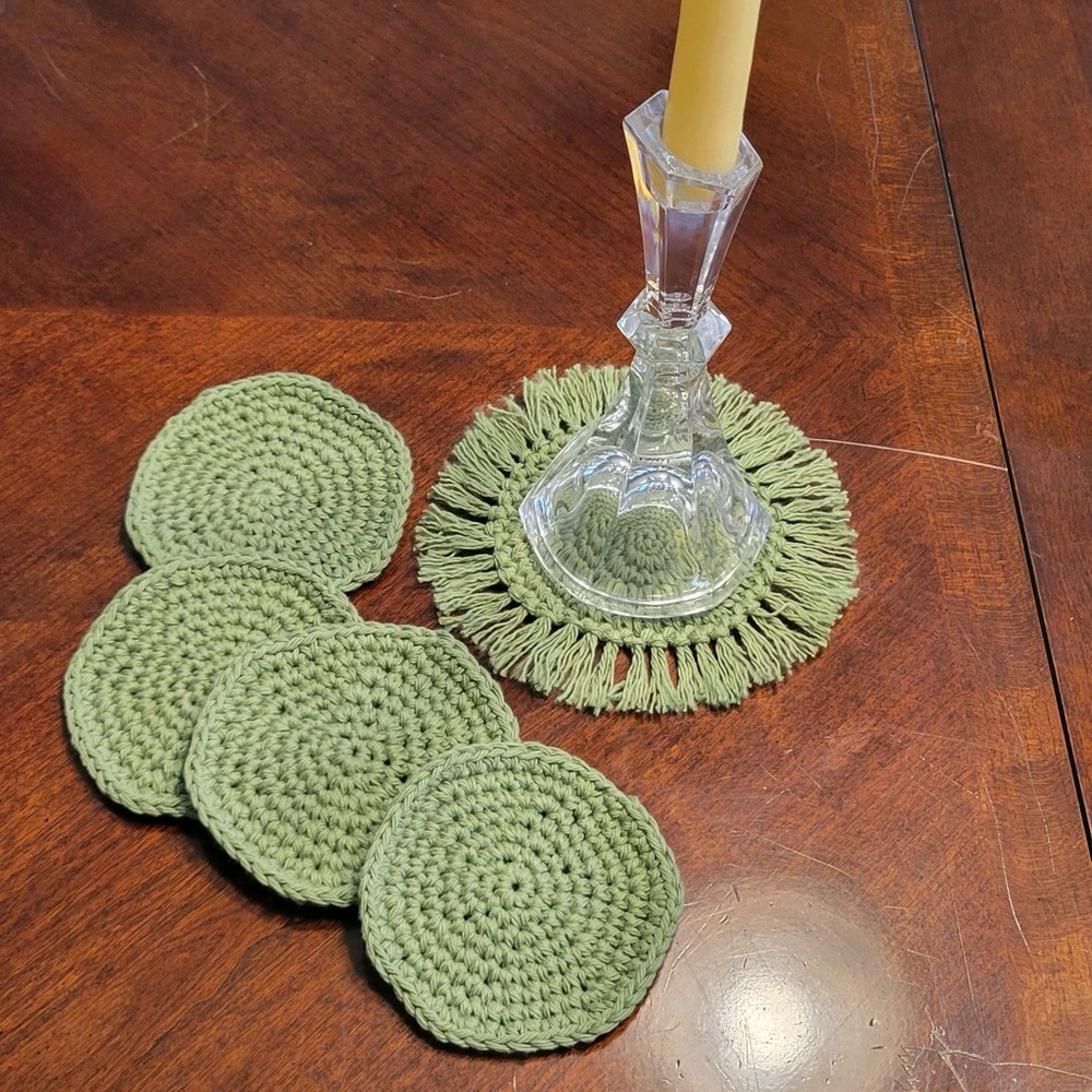 Green Crochet Candle/drinkware Holder Set handmade
